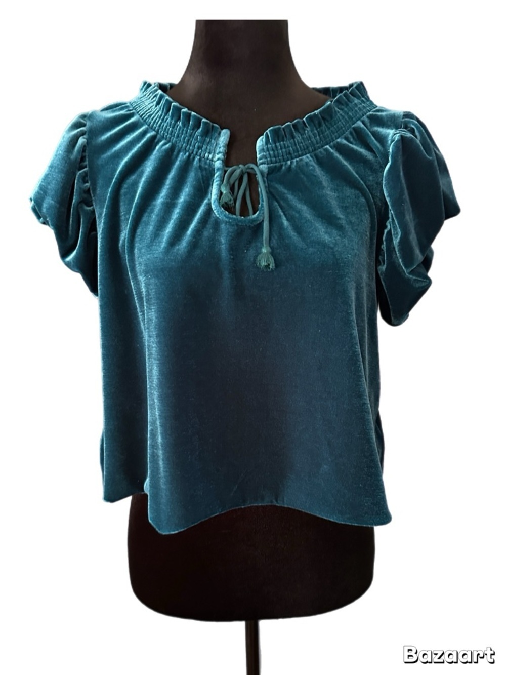 Free People Teal Velvet Puff Sleeve Peasant Top size XS